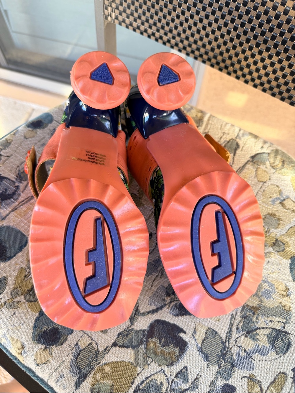 John Fluevog Navy Floral Daisy Mary Janes with Coral Strap - Picture 4 of 6